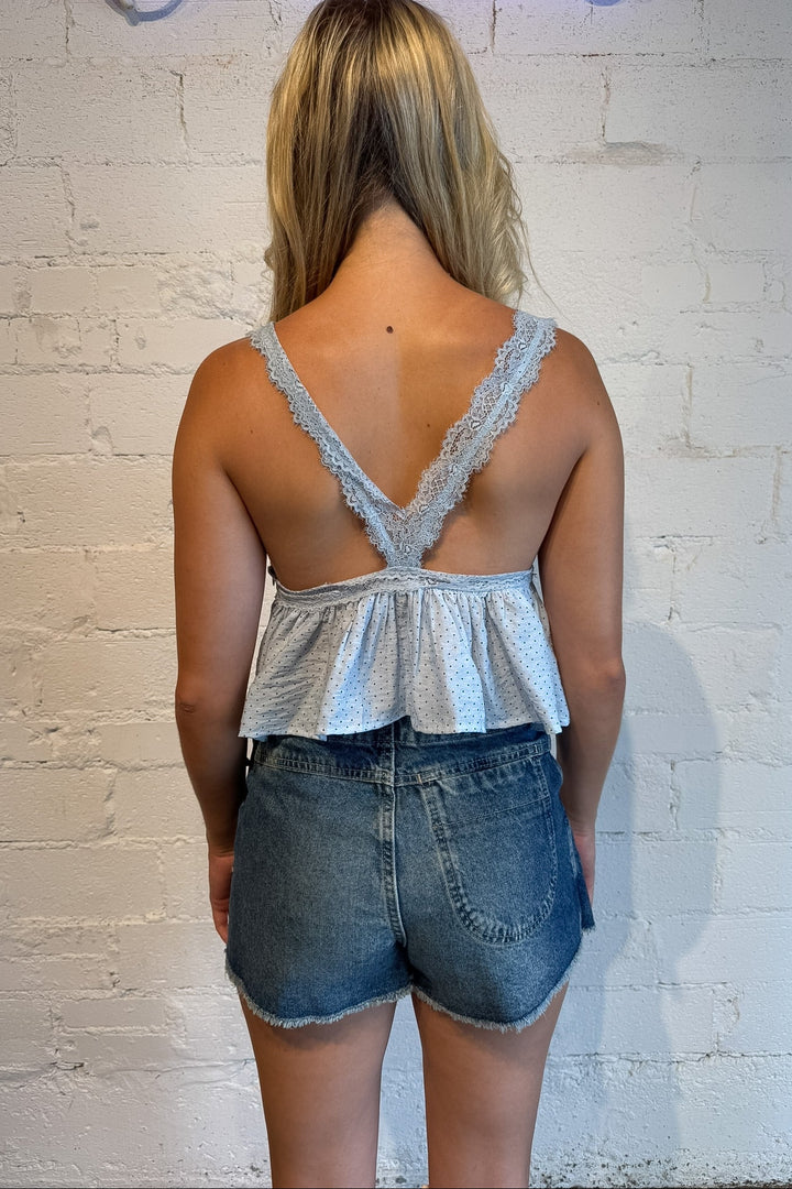 polka dot top, blue polka dot top, tiny polka dot top, womens boutique dallas, womens clothing 