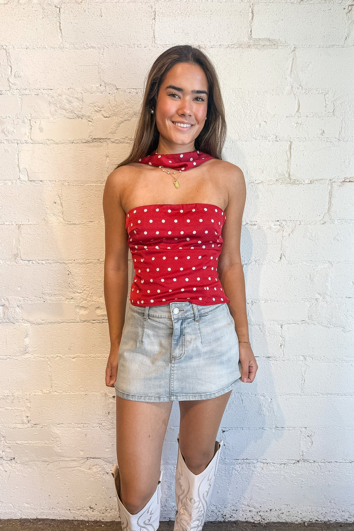 Red polka dot top, polka dot top, red top, top with scarf detail, dot&drape top