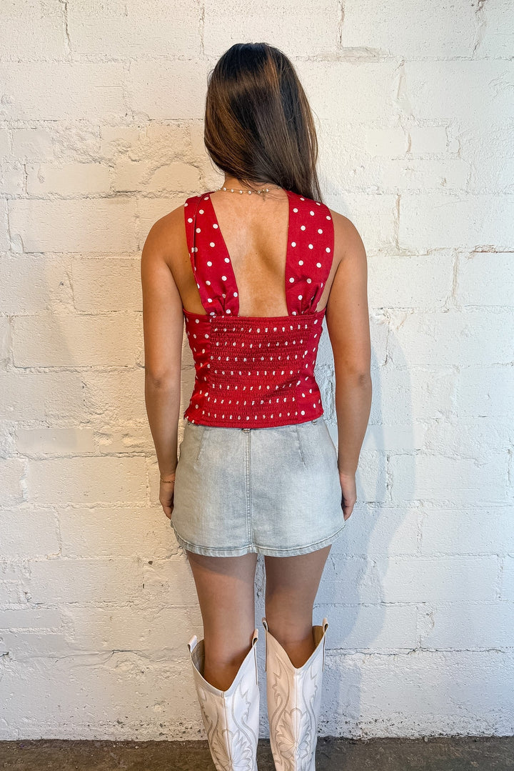 Red polka dot top, red top, dot and drape top, game day top