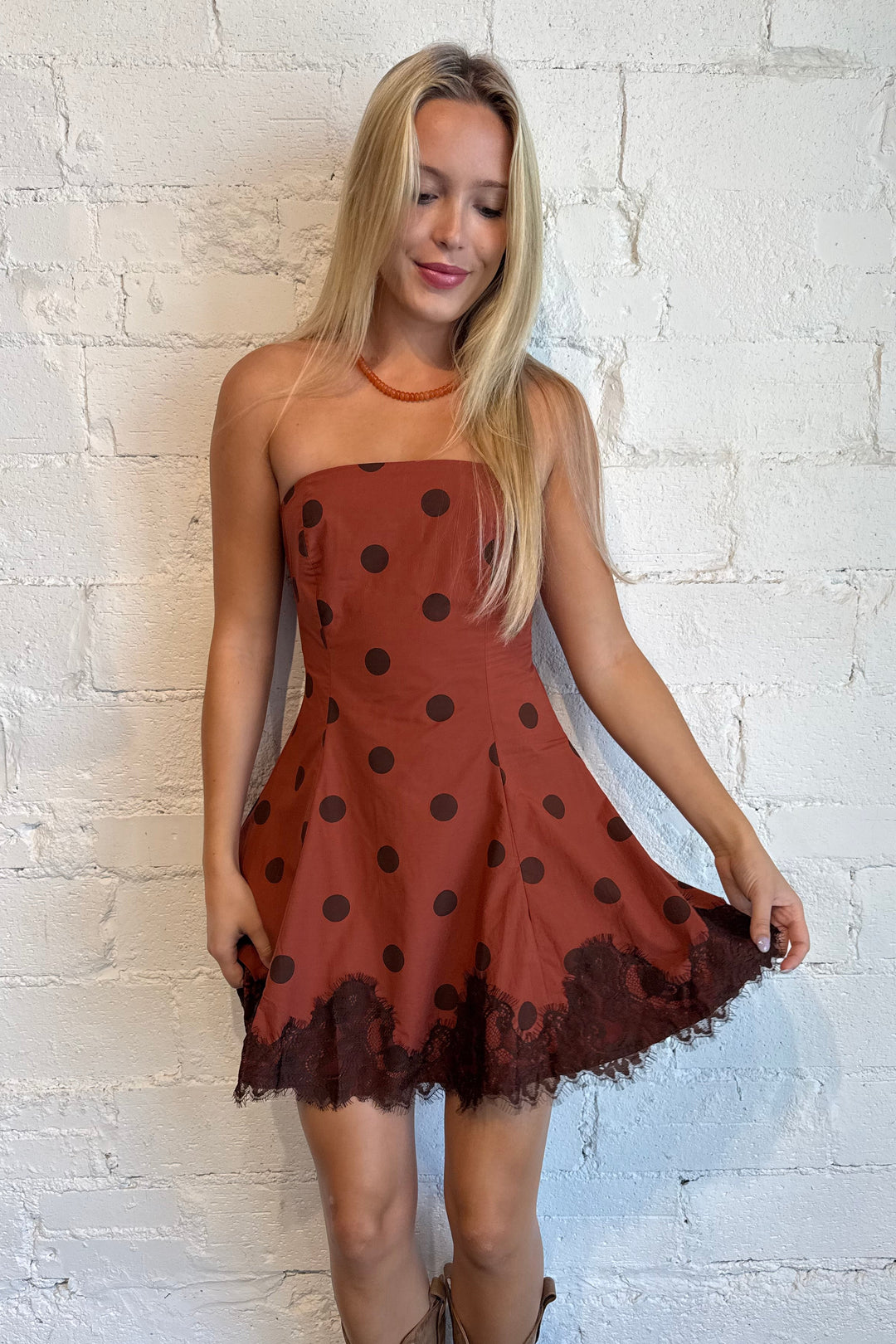 polka dot dress, gameday dress, game day dress, orange polka dot dress, burnt orange dress 