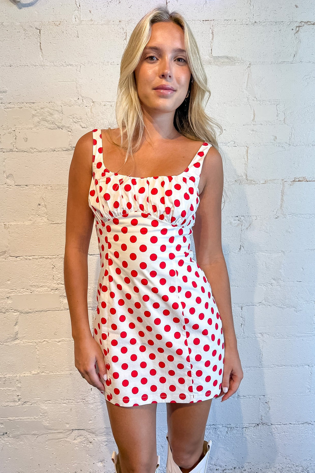 Polka dot ruched dress, red polka dot dress, red gameday dress 