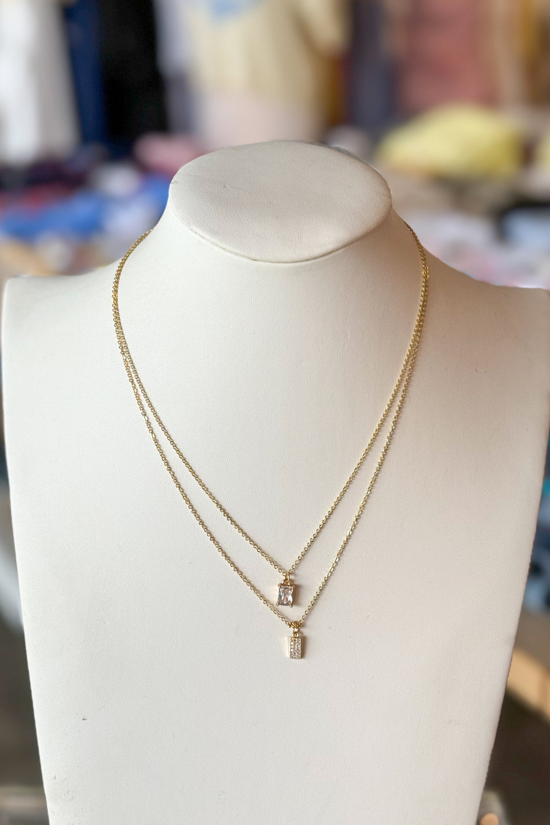 Double CZ and Emerald Shape Diamond Necklace, Necklace, Jewelry, Adeline Boutique, Boutique Jewelry, Accessories