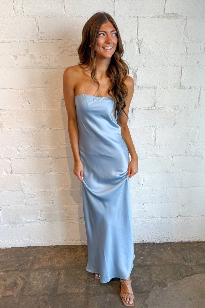 Downtown Strapless Dress, Maxi Dress, Sating Dress, Strapless Maxi Dress, Wedding Guest Dress, Adeline Boutique, Dallas Boutique, Boutique Shopping