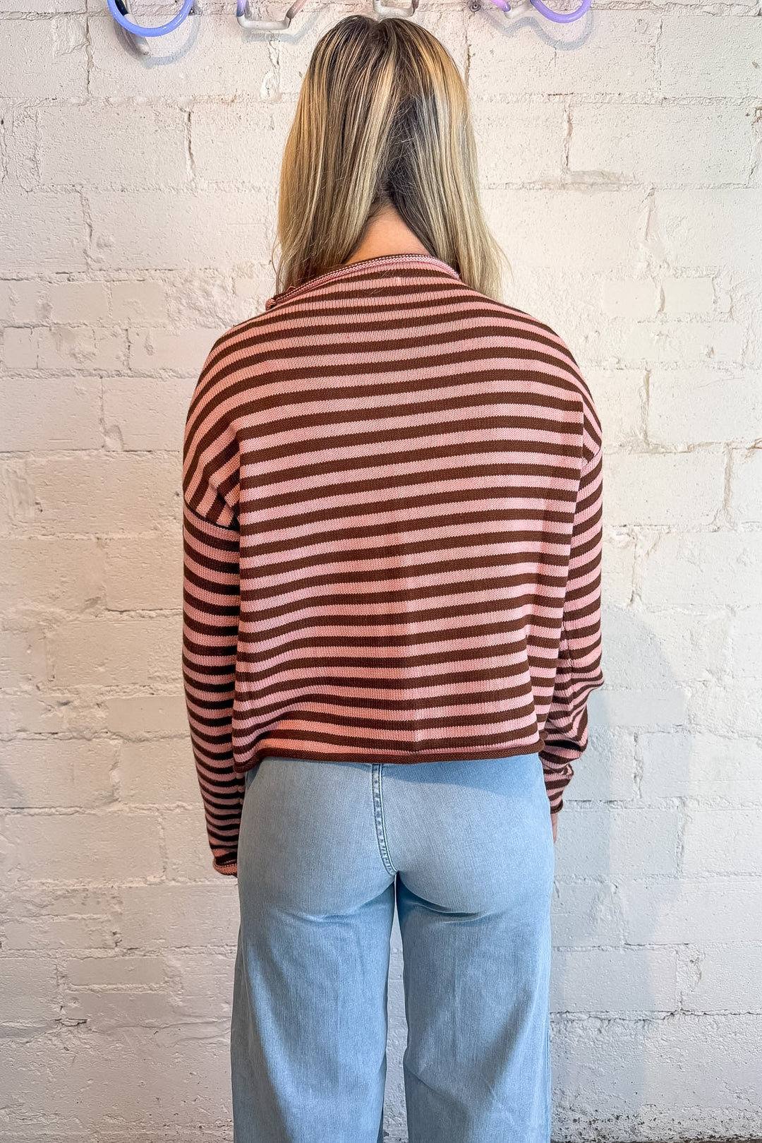 pink and brown striped sweater, stripe sweater, knit