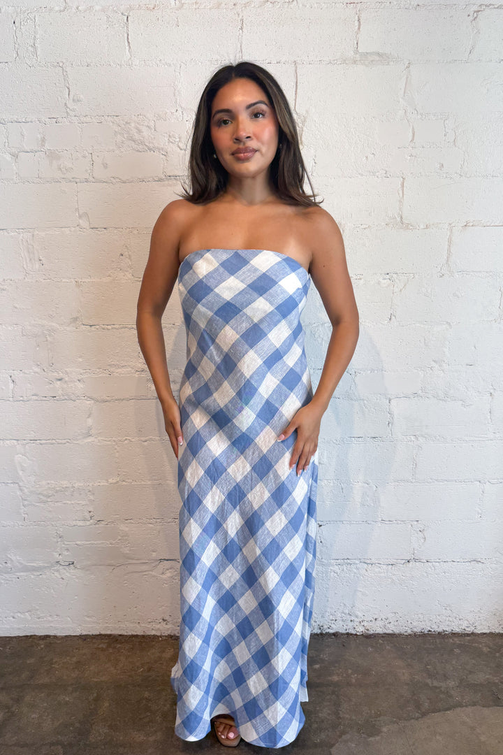 Erin Strapless Linen Gingham Maxi Dress – Adeline