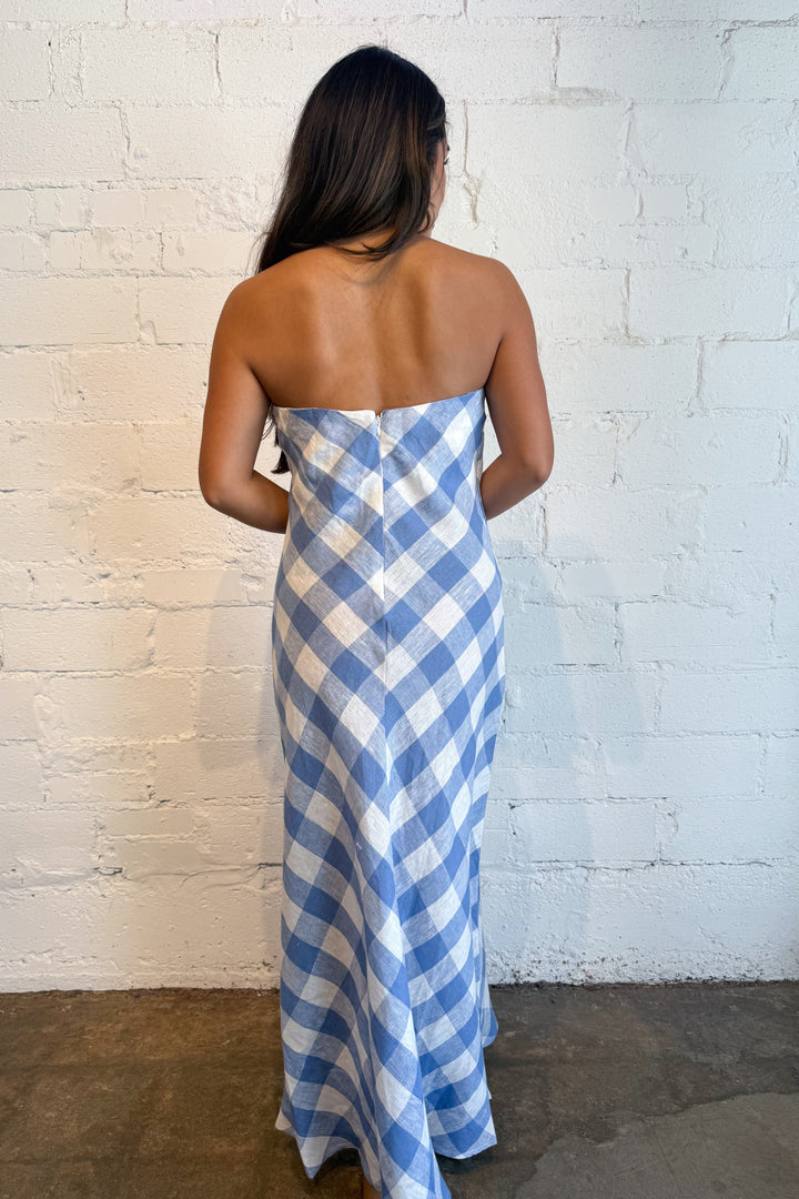 Erin Strapless Linen Gingham Maxi Dress – Adeline