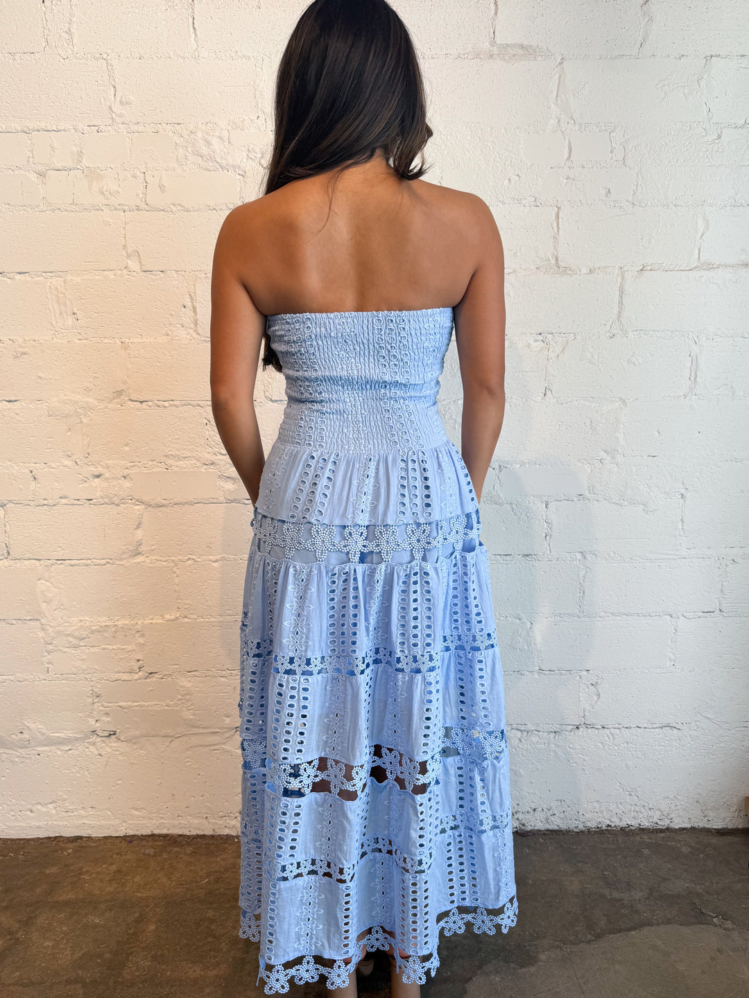 Evelyn Eyelet Maxi Dress Light Blue Back, adeline boutique, dallas boutique, boutique