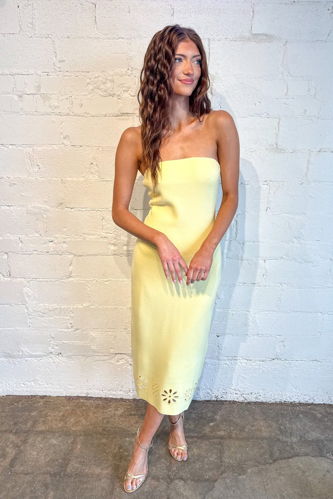 Eyelet Detail Sweater Dress, Yellow Midi Dress, Maxi Dress, Spring and Summer Dresses, Women's Dresses, Adeline Boutique, Dallas Boutique, Summer Styles