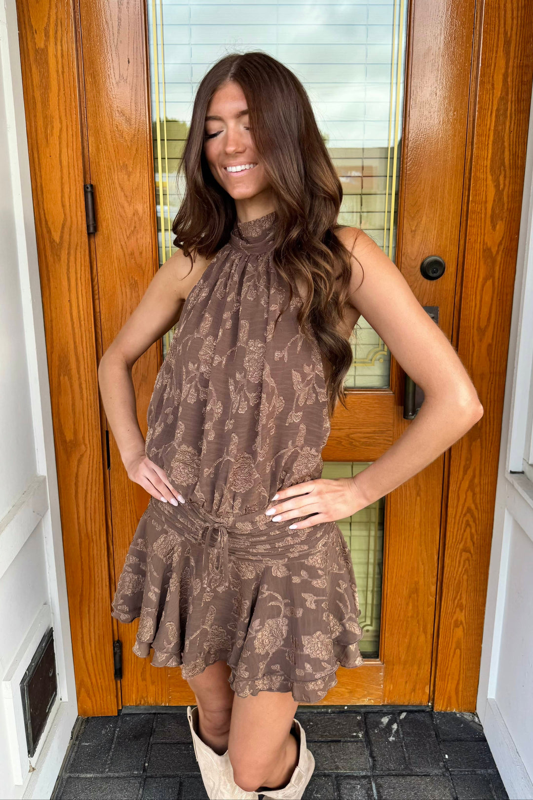 Fall Forever Dress, Brown Dress, Brown Halter Dress, Flowy Dress, Dresses, Adeline Boutique, Dallas Boutique, Women's Boutique Clothing