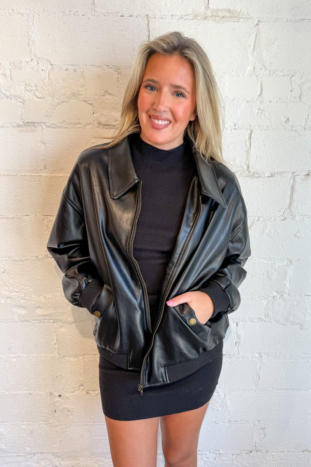 Faux Leather Oversized Bomber Jacket, Bomber Jacket, Leather Jacket, Leather Bomber Jacket, Oversized Jacket, Outerwear, Adeline Boutique, Fall and Winter Styles, Dallas Boutique, Womens Fashion Boutique