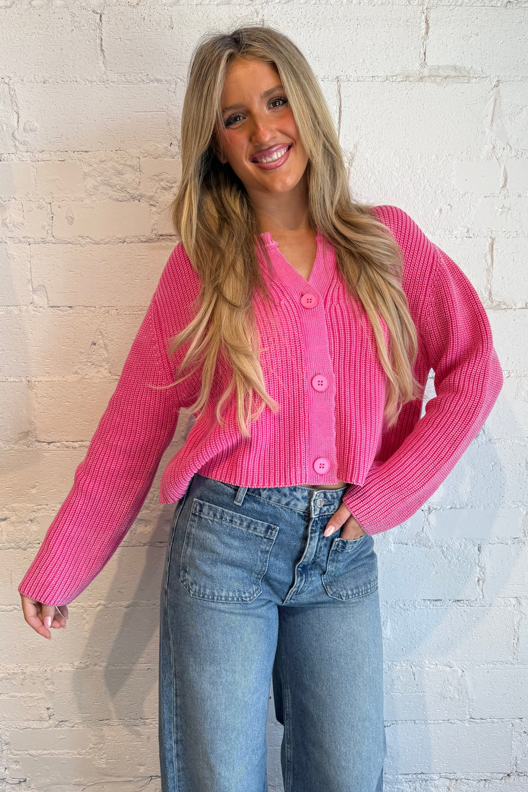 pink caridgan, pink button up sweater, pink sweater 