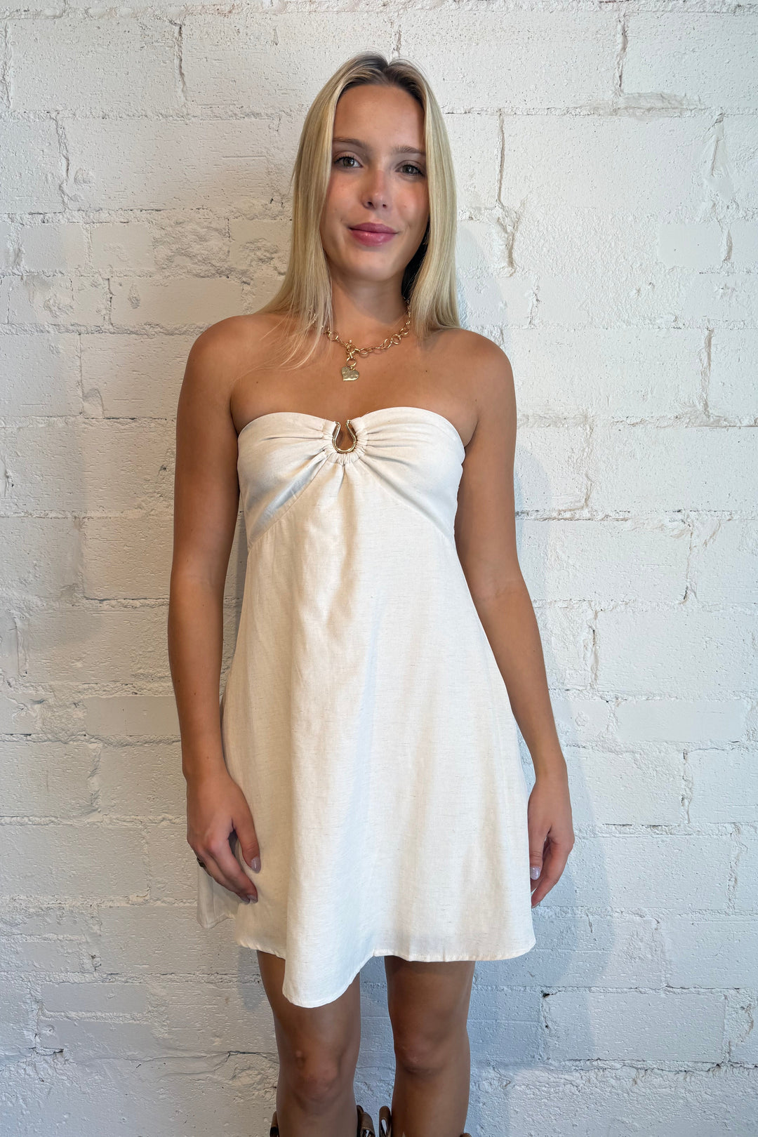 cream strapless dress, gameday dress, game day dress, strapless casual dress 
