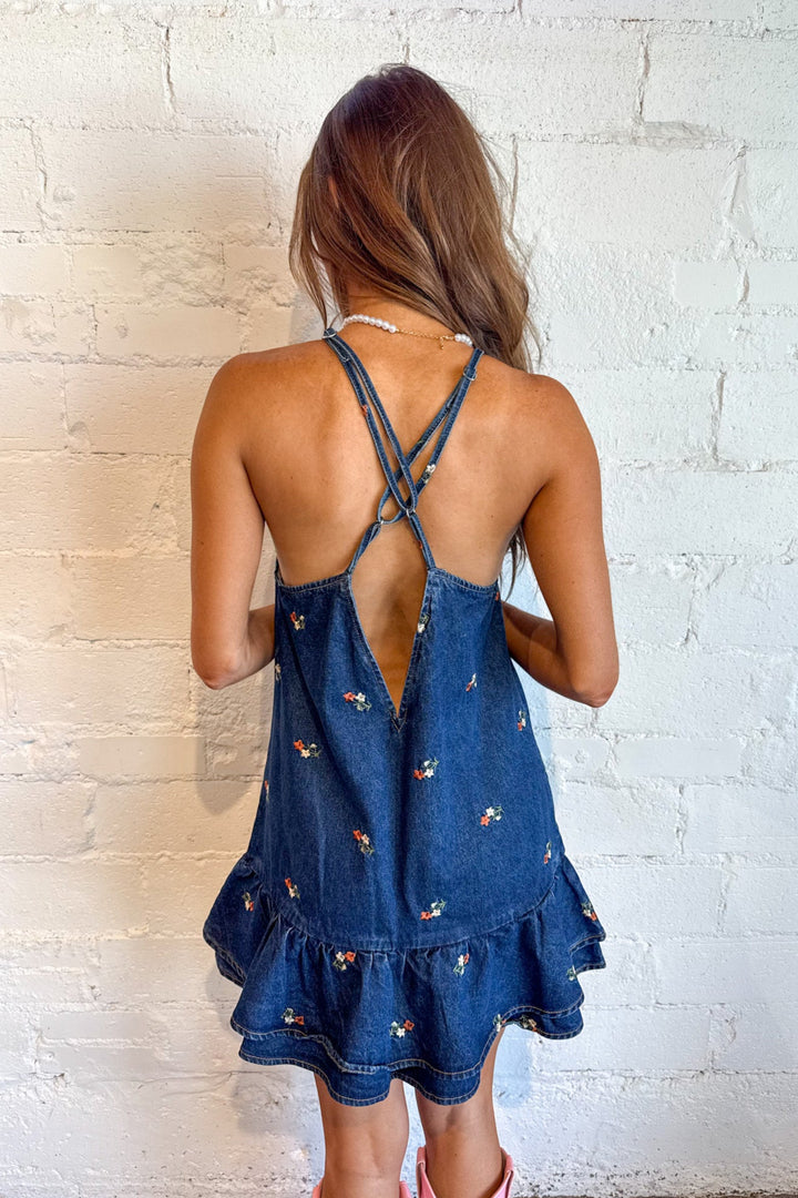 Flower Dot Mini Dress, Denim Dress, Country Concert Outfit, Denim, Halter Dress, Adeline Boutique, Dallas Boutique, Boutique Clothing