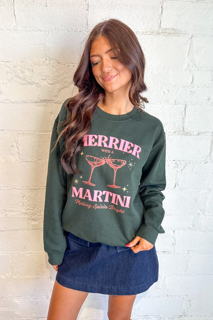 Forest Green Merrier With A Martini Sweatshirt, Christmas Sweater, Crewneck Sweatshirt, Sweatshirts, Holiday Styles, Adeline Boutique, Dallas Boutique
