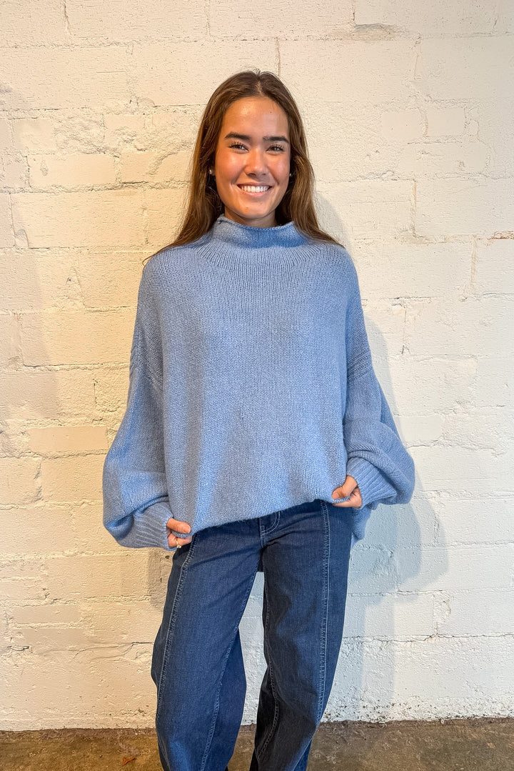 blue cozy sweater, long sleeve sweater, sweater, blue turtle neck sweater