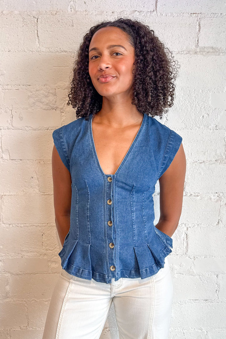 Free People Dylan Denim Vest, Denim, Denim Top, Tops, Spring Tops, Adeline Boutique, Dallas Boutique, Women's Clothing Boutique, Free People Tops