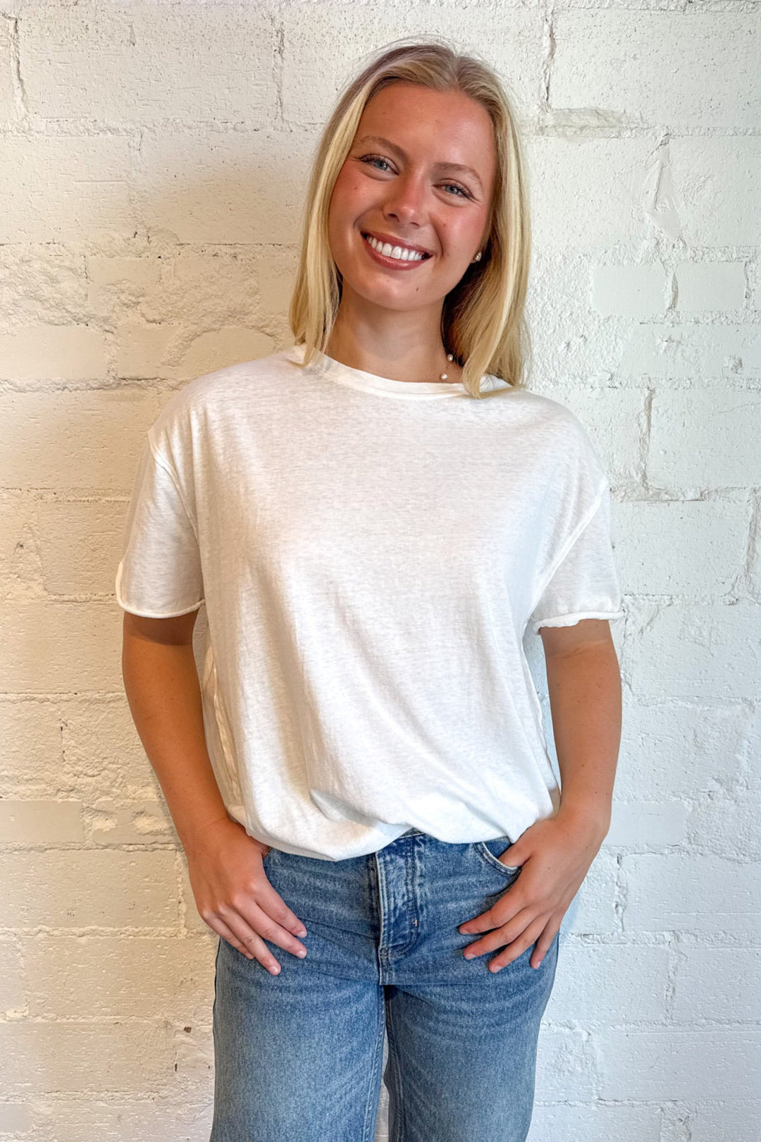 Free People Ivory Nina Tee, White Tee, Basic Top, Adeline Boutique, Dallas Boutique, Tops