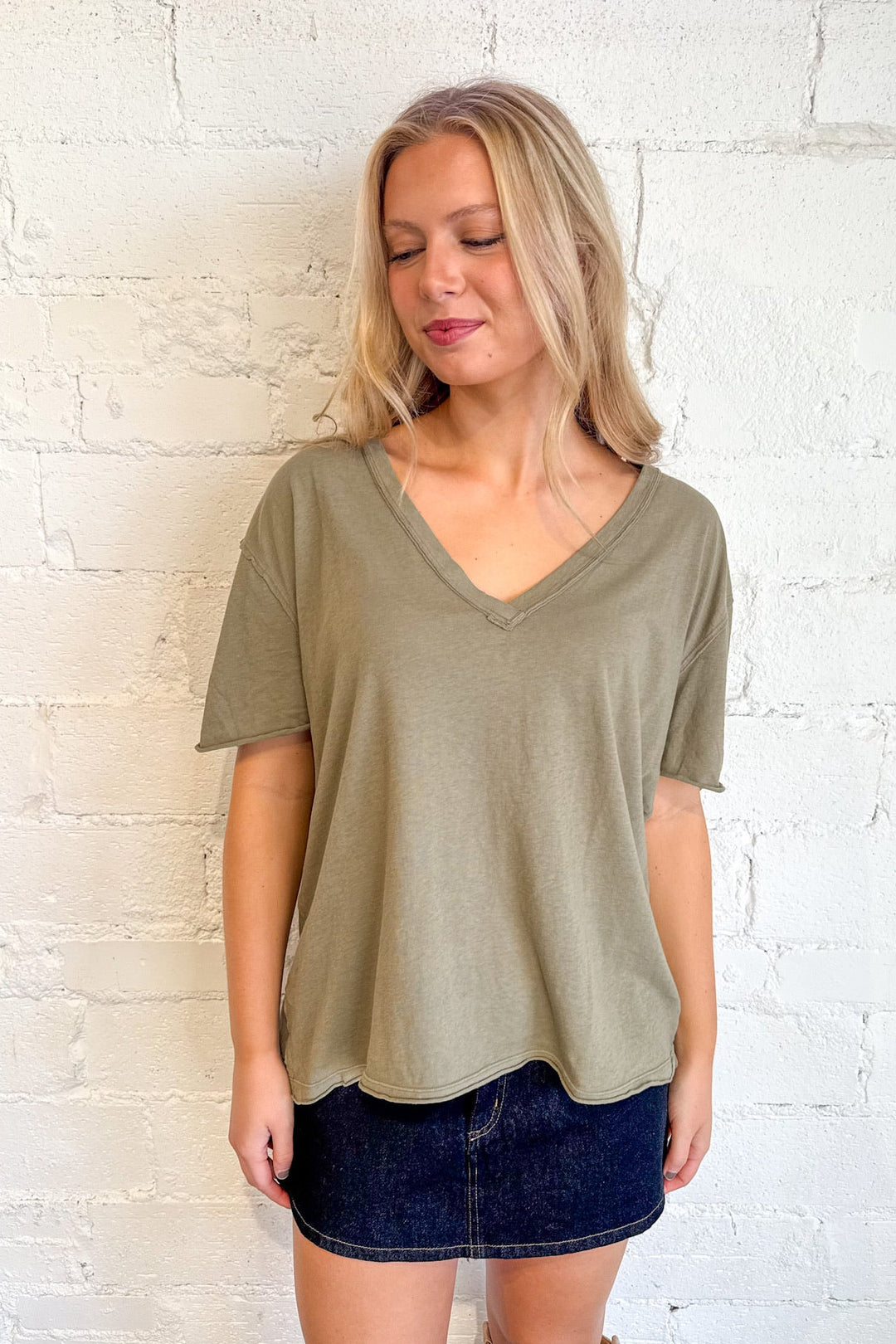Free People Olive Stone Nina Tee, Free People, Basic Tee, Vneck, Oversized Tee, Adeline Boutique, Dallas Boutique,Tops