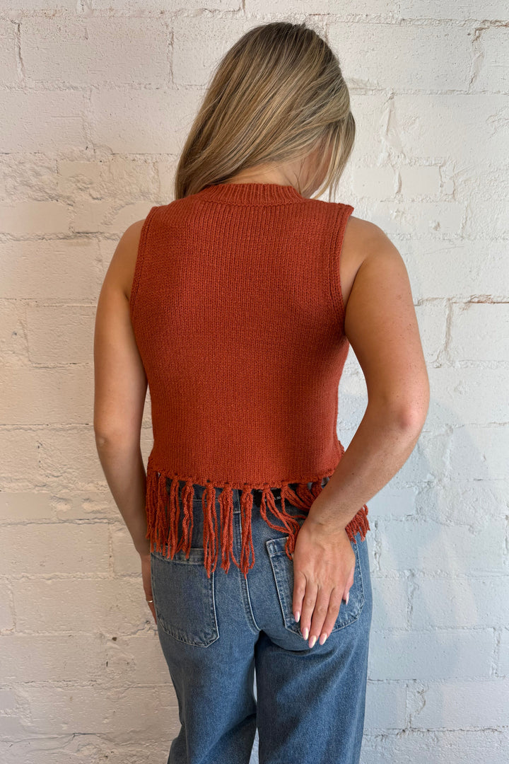orange sweater with fringe, fringe sweater, orange sweater, burnt orange sweater 