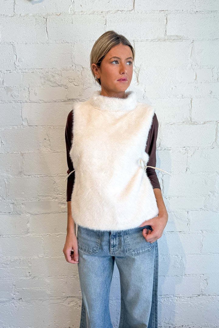 fur vest, faux fur, tie vest, white fur vest