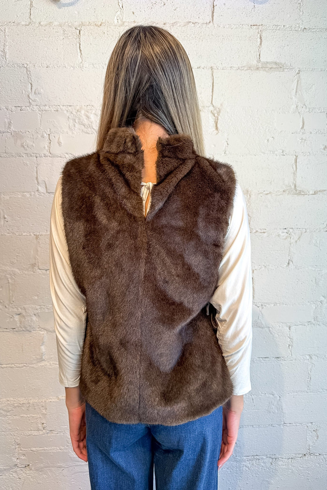 fur vest, faux fur, tie vest, brown fur vest