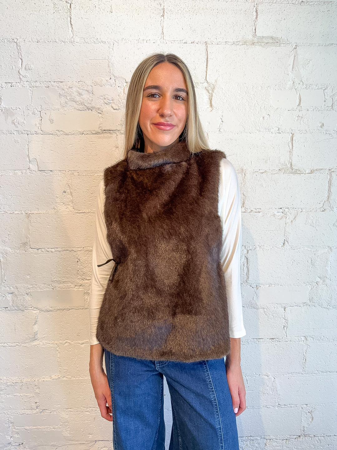 fur vest, faux fur, tie vest, brown fur vest