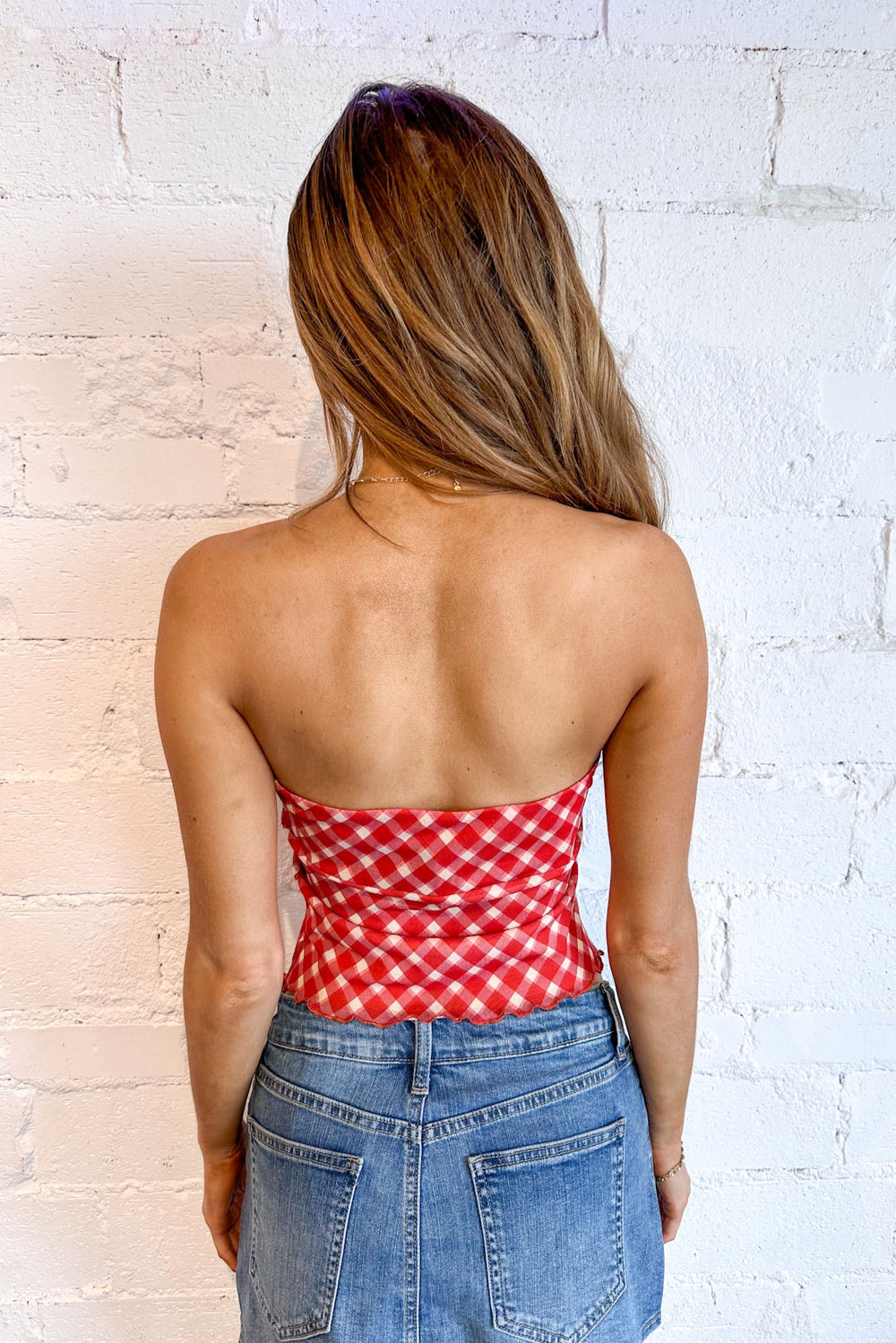 Gingham Sweetheart Tie Top, rodeo Outfit, Tube Top, 4th of July, Adeline Boutique, Dallas Boutique, summer Tops
