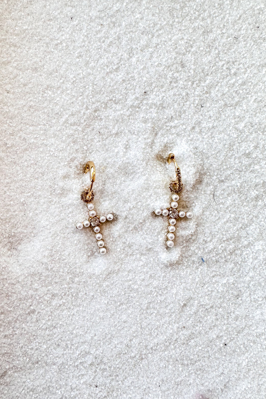 Gold Dipped Pearl Cross Mini Huggie Hoop, Earrings, Adeline Boutique, Dallas Boutique, Cross Earrings, Easter