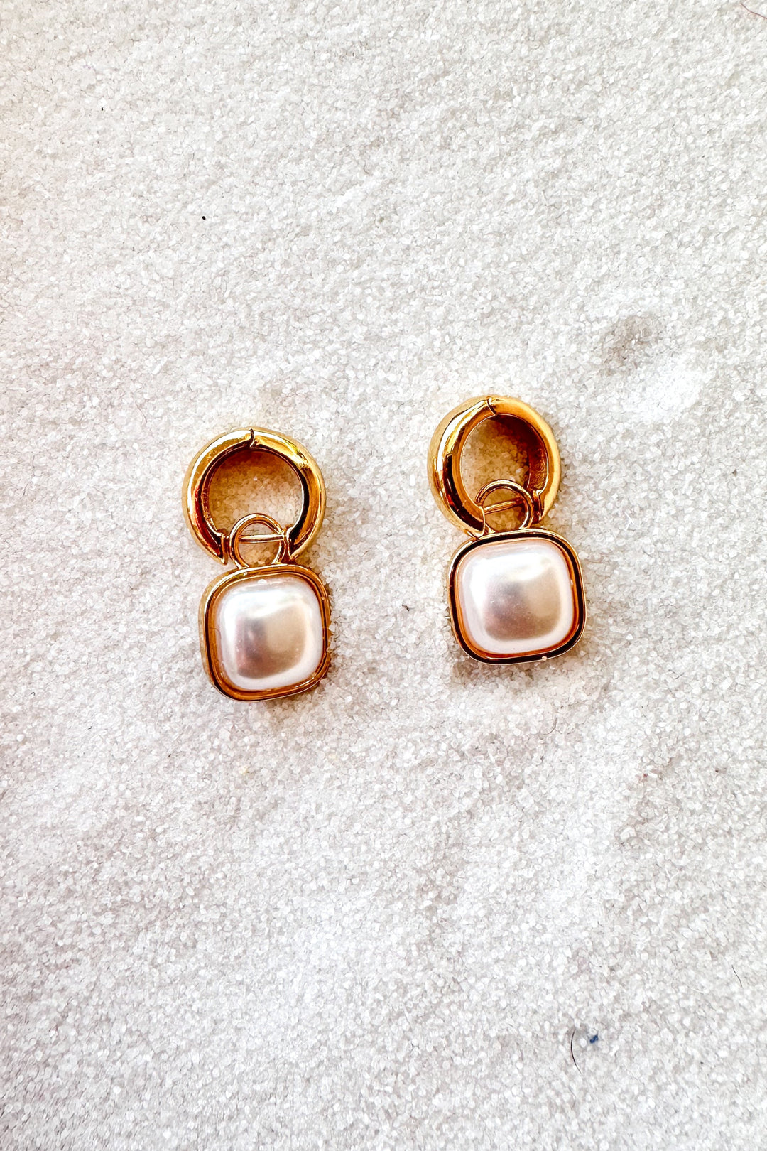 Gold Dipped Square Pearl Huggie Hoop, Pearl Earrings, Dallas Boutique, Adeline Boutique, Jewelry 