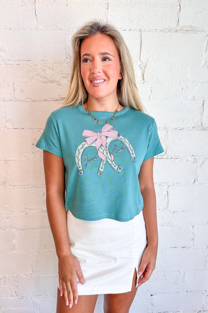 Good Luck Graphic Tee, Graphic Tee, Baby Tee, Rodeo Outfit, Crop Top, Tops, Adeline Boutique, Bows 