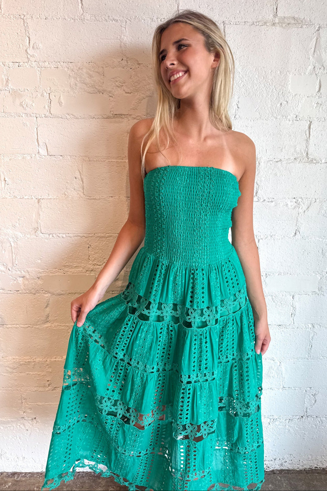 Evelyn Eyelet Maxi Dress, Strapless Maxi Dress, Maxi Dress, Adeline Boutique, Dallas Boutique, Dresses, Game Day Outfit