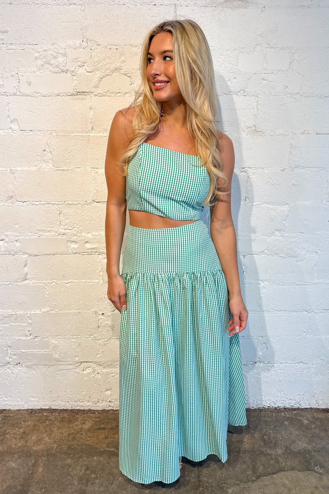 Gracie Gingham Maxi Skirt, Sets, Matching Sets, Spring and Summer Styles, Vacation Styles, Adeline Boutique, Dallas Boutique, Vacation Styles, Gingham Skirt, Maxi Skirt