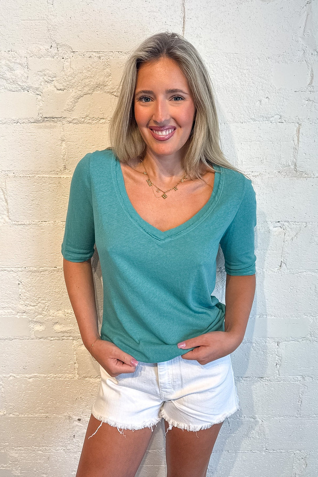 Jude V-Neck Elbow Sleeve Tee, Basic Top, VNeck Top, Adeline Boutique, Dallas Boutique, Spring Tops