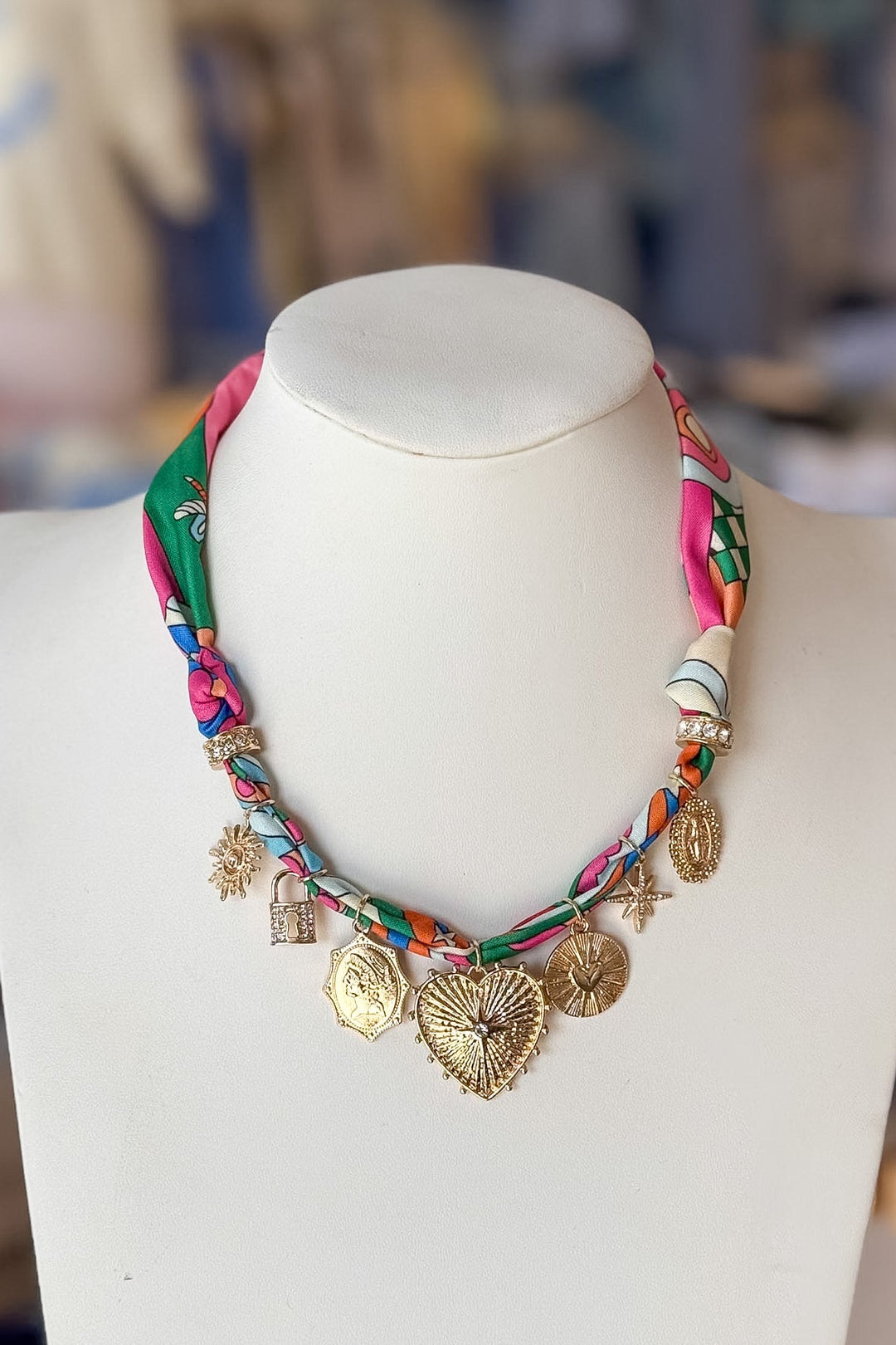 Groovy Scarf Necklace with Gold Charms, Charm Necklace, Necklace, Jewelry, Boutique Jewelry, Adeline Boutique, Dallas Boutique, Accessories, Gift Ideas