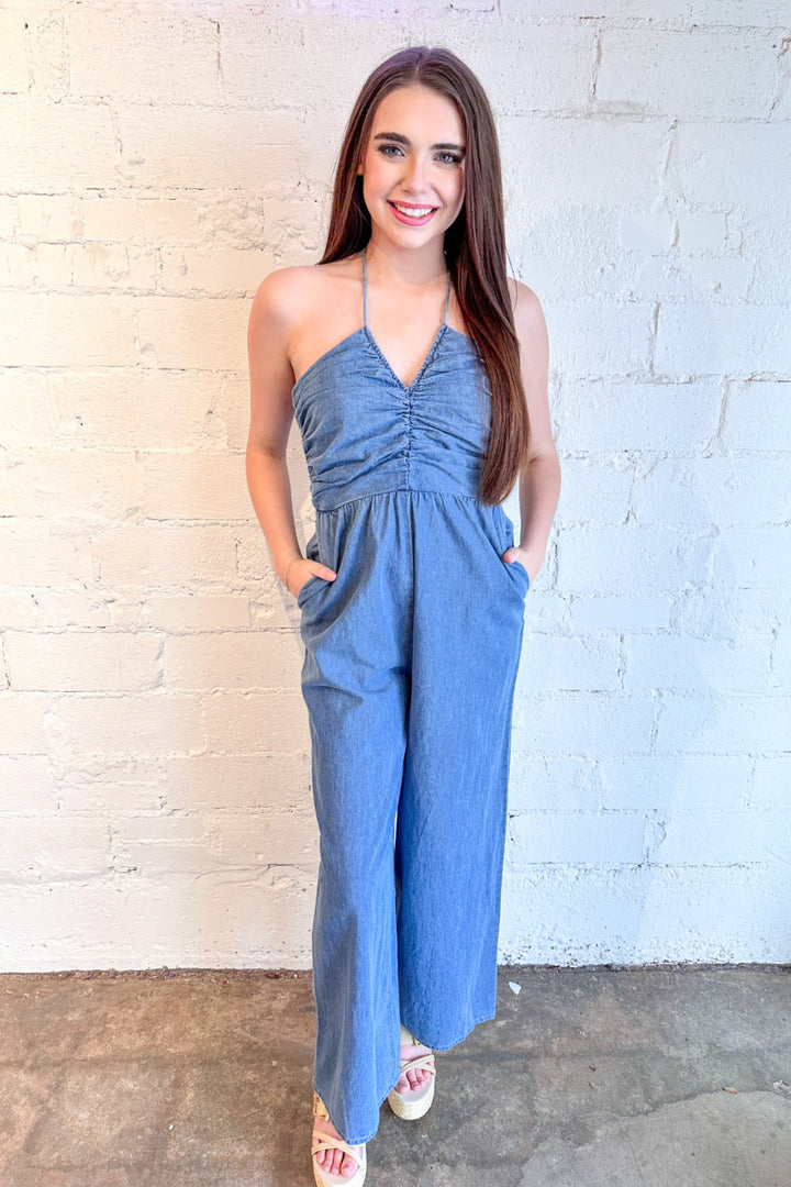 Hallie Halter Jumpsuit, Jumpsuit, Denim, Adeline Boutique, Boutique Clothing, Dallas Boutique 