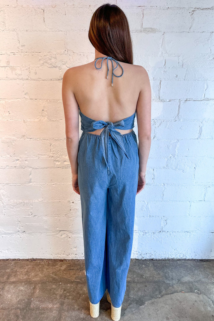 Hallie Halter Jumpsuit, Jumpsuit, Denim, Adeline Boutique, Boutique Clothing, Dallas Boutique 