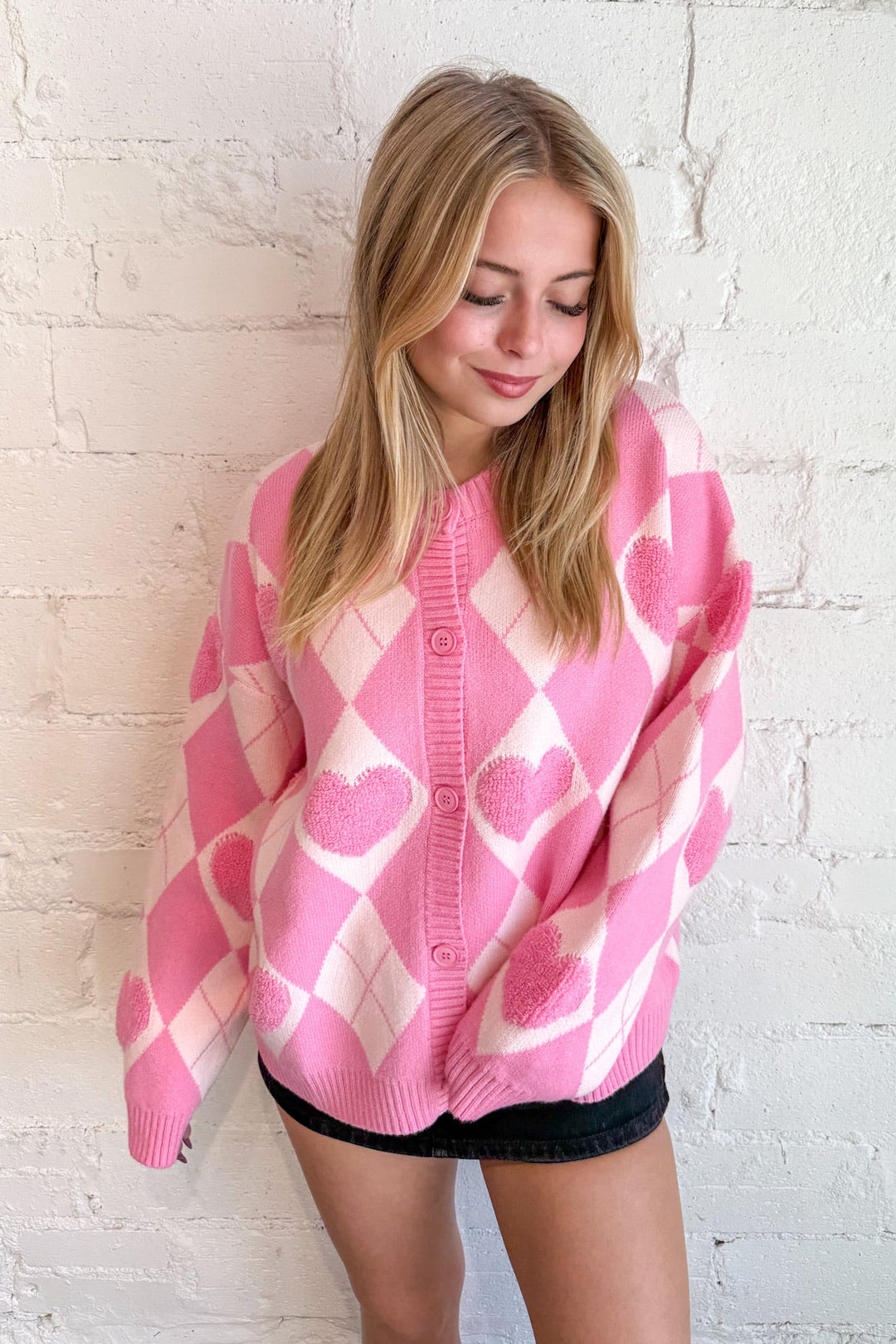 Heart Detail Argyle Cardigan, Cardigan, Sweaters, Oversized Cardigan, Valentines Sweater, Adeline Boutique, Dallas Boutique, Women's Boutique