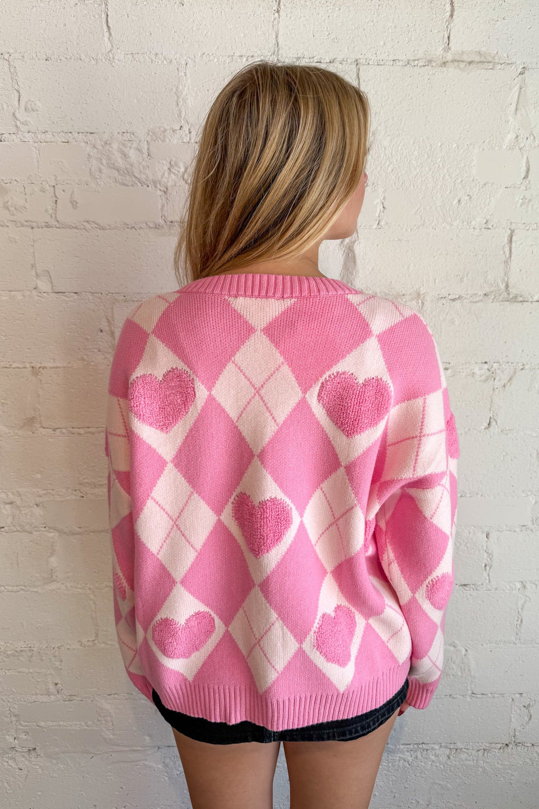 Heart Detail Argyle Cardigan, Cardigan, Sweaters, Oversized Cardigan, Valentines Sweater, Adeline Boutique, Dallas Boutique, Women's Boutique