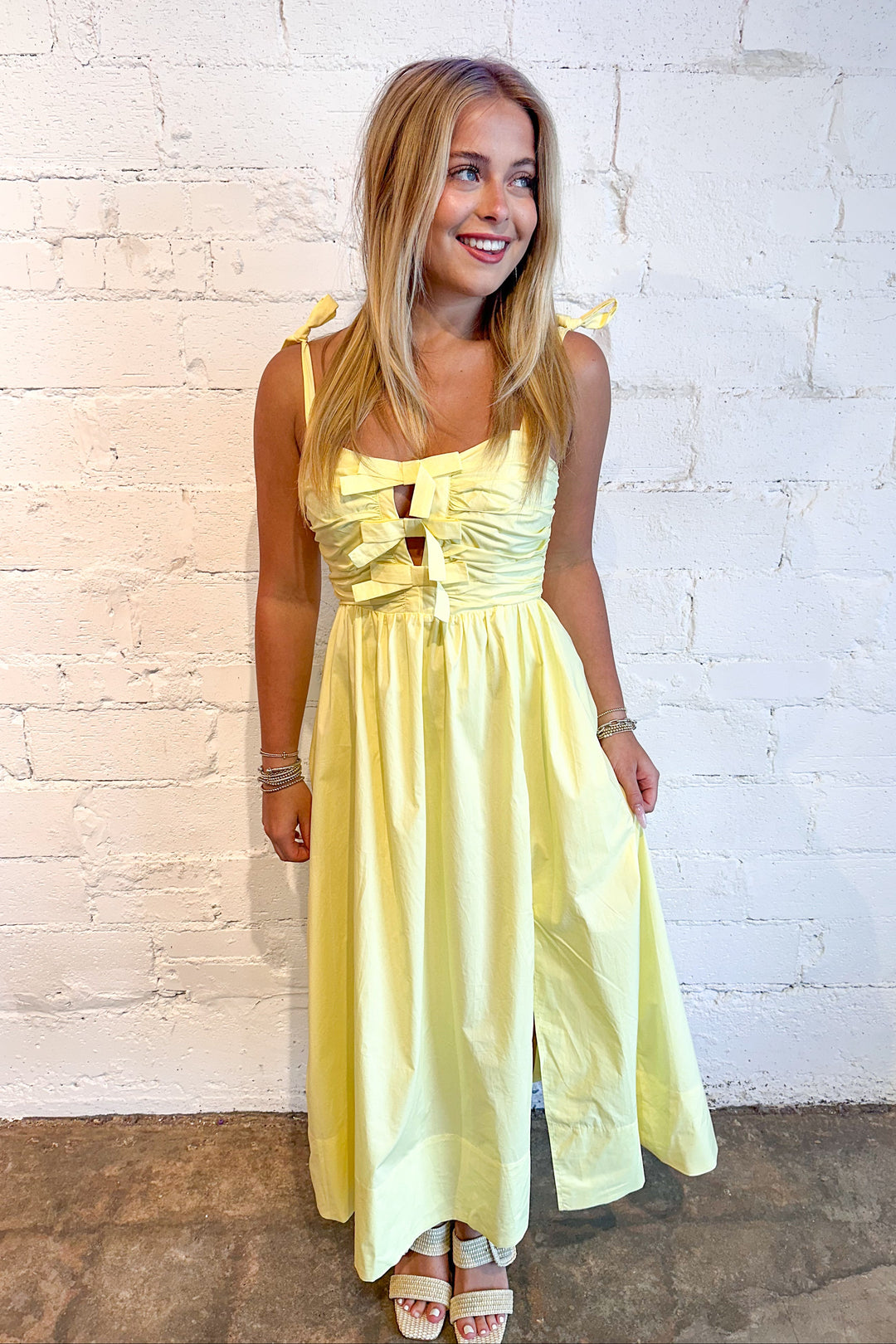 Helia Bow Front Midi Dress, Yellow Dress, Maxi Dress, Easter Dress, Dresses and Rompers, Wedding Guest Dress, Spring Dresses, Adeline Boutique, Dallas Boutique, Boutiques 