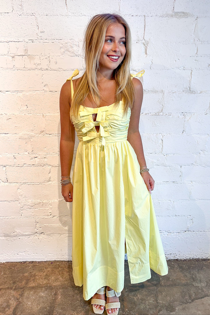 Helia Bow Front Midi Dress, Yellow Dress, Maxi Dress, Easter Dress, Dresses and Rompers, Wedding Guest Dress, Spring Dresses, Adeline Boutique, Dallas Boutique, Boutiques 
