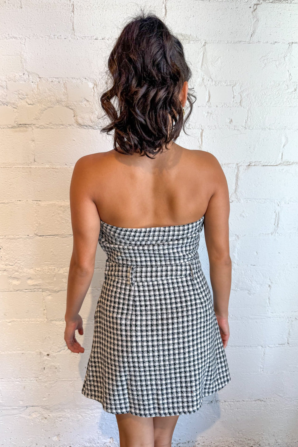 Honey Checkered Mini Romper Dress, Strapless Dress, Fall Dress, Gingham Dress, Adeline Boutique, Dallas Boutique