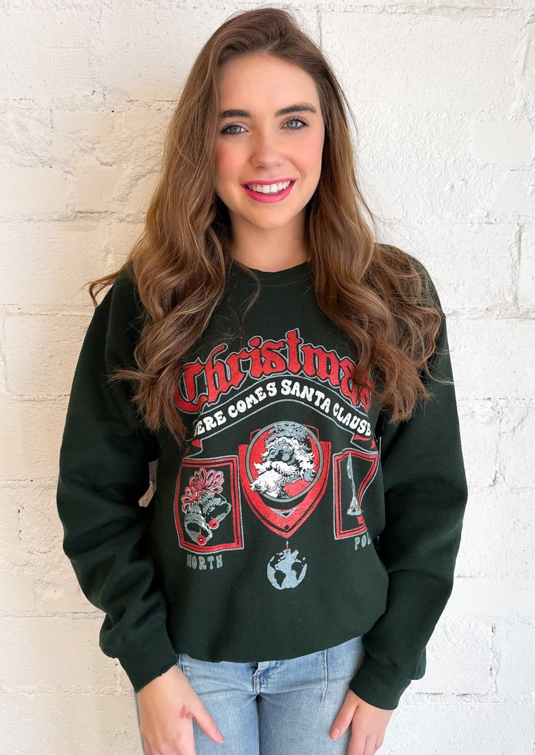 Christmas Patch Military Green Thrifted Sweatshirt, Tops, Adeline, Adeline, dallas boutique, dallas texas, texas boutique, women's boutique dallas, adeline boutique, dallas boutique, trendy boutique, affordable boutique