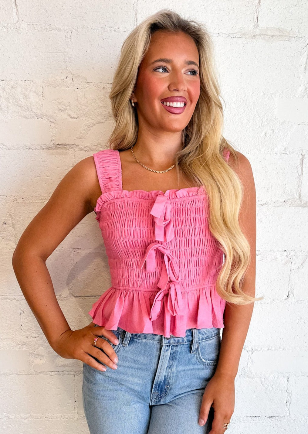 Bow Kissed Smocked Top, Tops, Adeline, Adeline, dallas boutique, dallas texas, texas boutique, women's boutique dallas, adeline boutique, dallas boutique, trendy boutique, affordable boutique