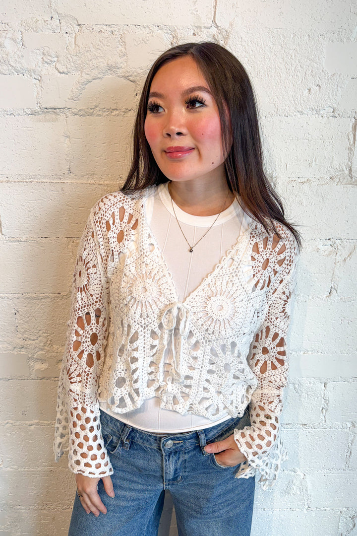 Jasmin Crochet Cardigan, Crochet Top, Long Sleeve, Beach Cover Up, Spring and Summer Styles, Adeline Boutique, Dallas Boutique