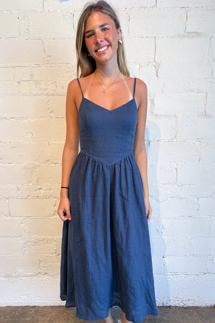 Jodi Linen Maxi Dress Blue, adeline boutique, dallas boutique, boutique