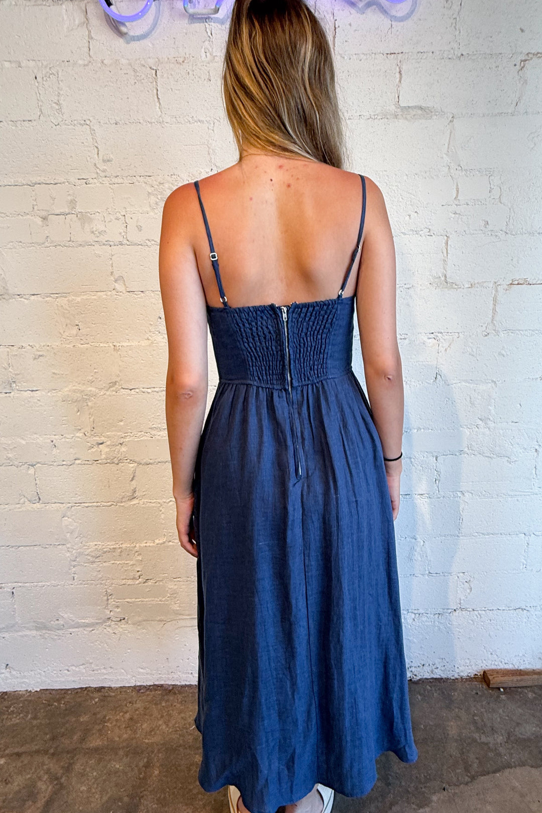 Jodi Linen Maxi Dress Blue Back, adeline boutique, dallas boutique, boutique