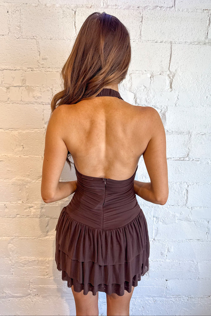 Kathleen Dress, Halter Dress, Going Out Dress, Adeline Boutique, Mini Dress, Dallas Boutique, Brown Dress
