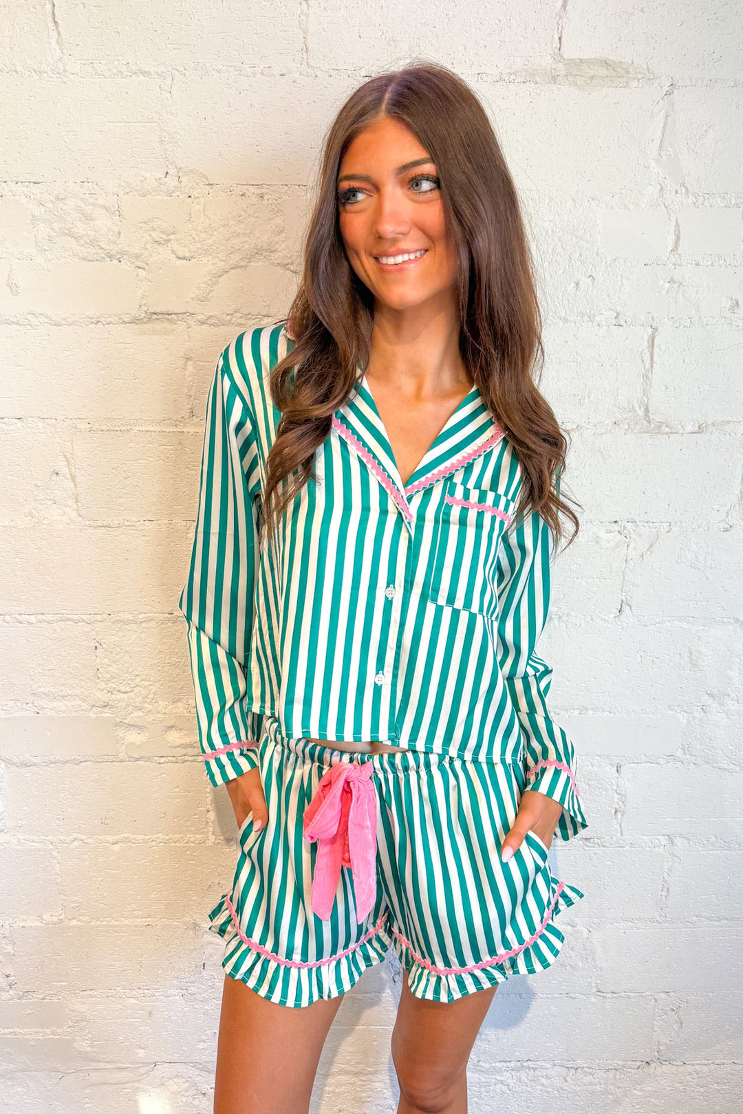 Kelly Green Striped Pajamas, Pajamas, Pajama Top, Loungewear, PJs Pj Set, Adeline Boutique, Dallas Boutique