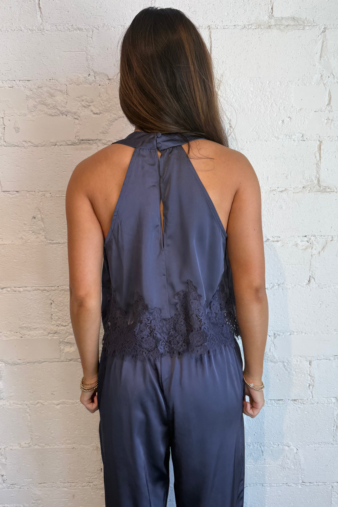lace trim halter top, navy lace trim halter top 