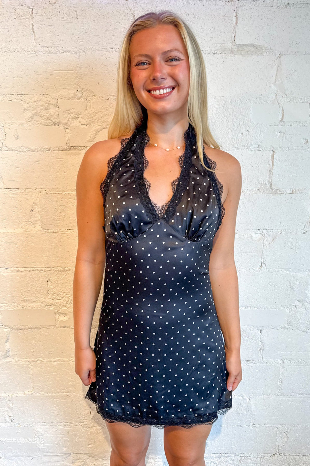Lace Trim Polka Dot Dress, Polka Dot Dress, Satin Halter Dress, Adeline Boutique, Dallas Boutique, Boutique Dresses, LBD 
